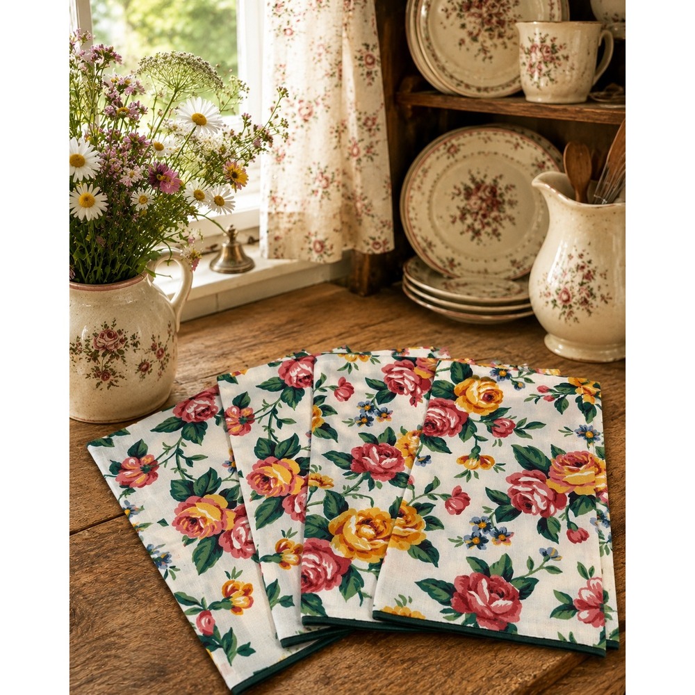 Vintage Floral Napkins Set of 4 Cottagecore Roses Cotton Scotchgard Treated 90s